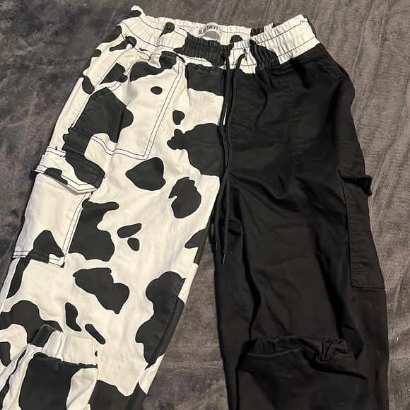 Black and white (Cow Print) Joggers. One leg all black other (Cow print). - Picture 1 of 2